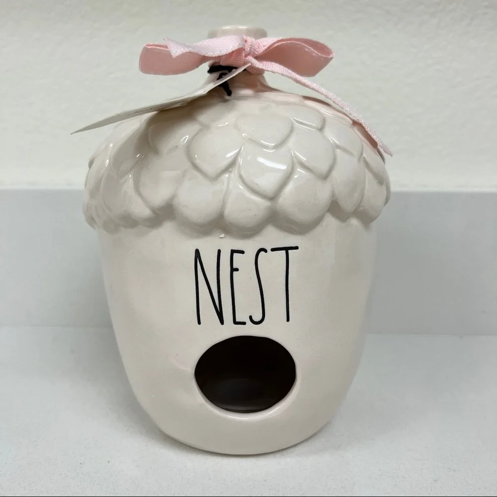 Rae Dunn NEST Acorn Glazed Ceramic Birdhouse w/ Pink Ribbon Autumn Fall Decor